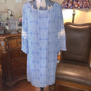 Luxology medallion print bell sleeve blue dress 14